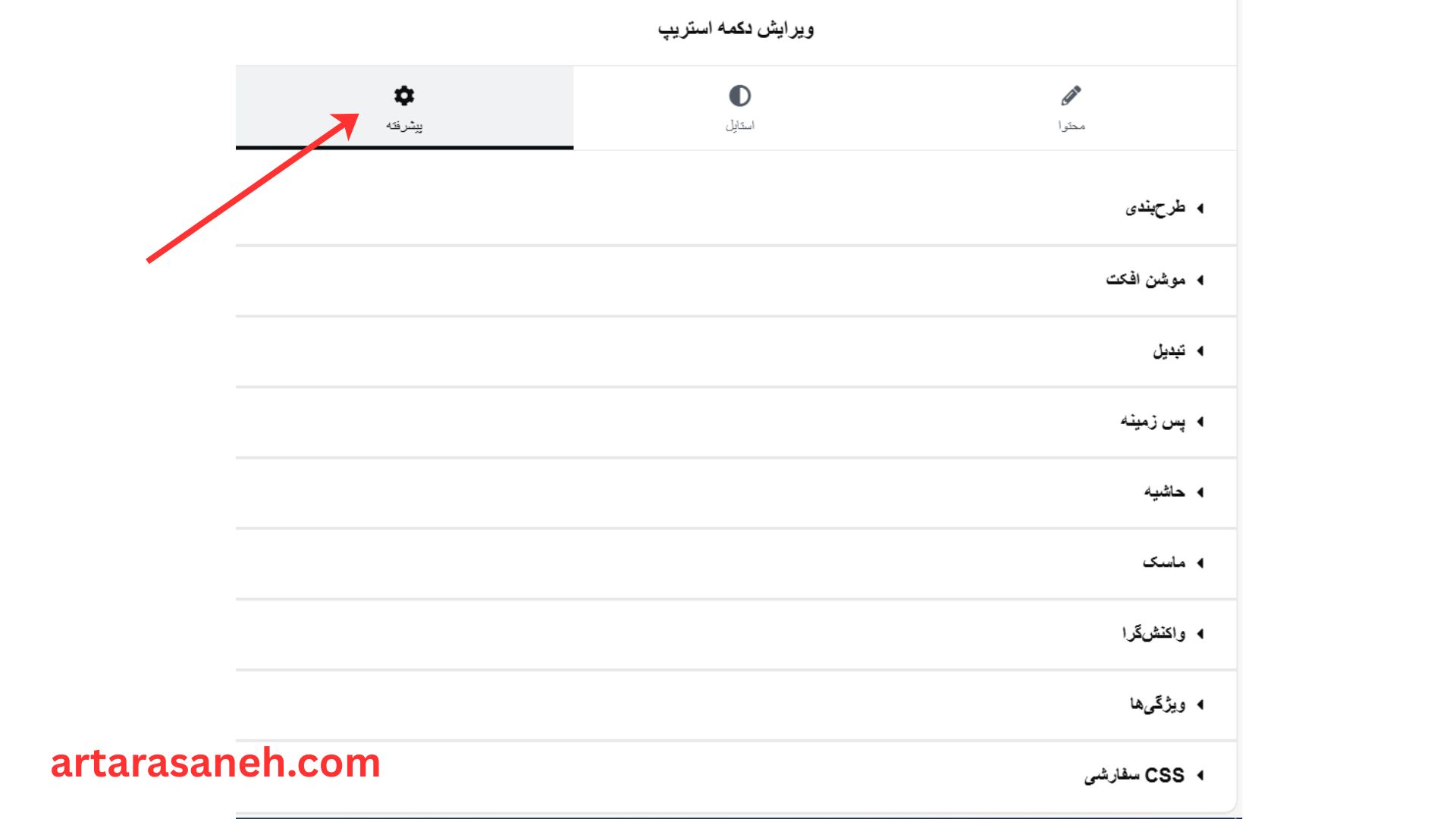 بخش پیشرفته در ویجت دکمه استریپ المنتور