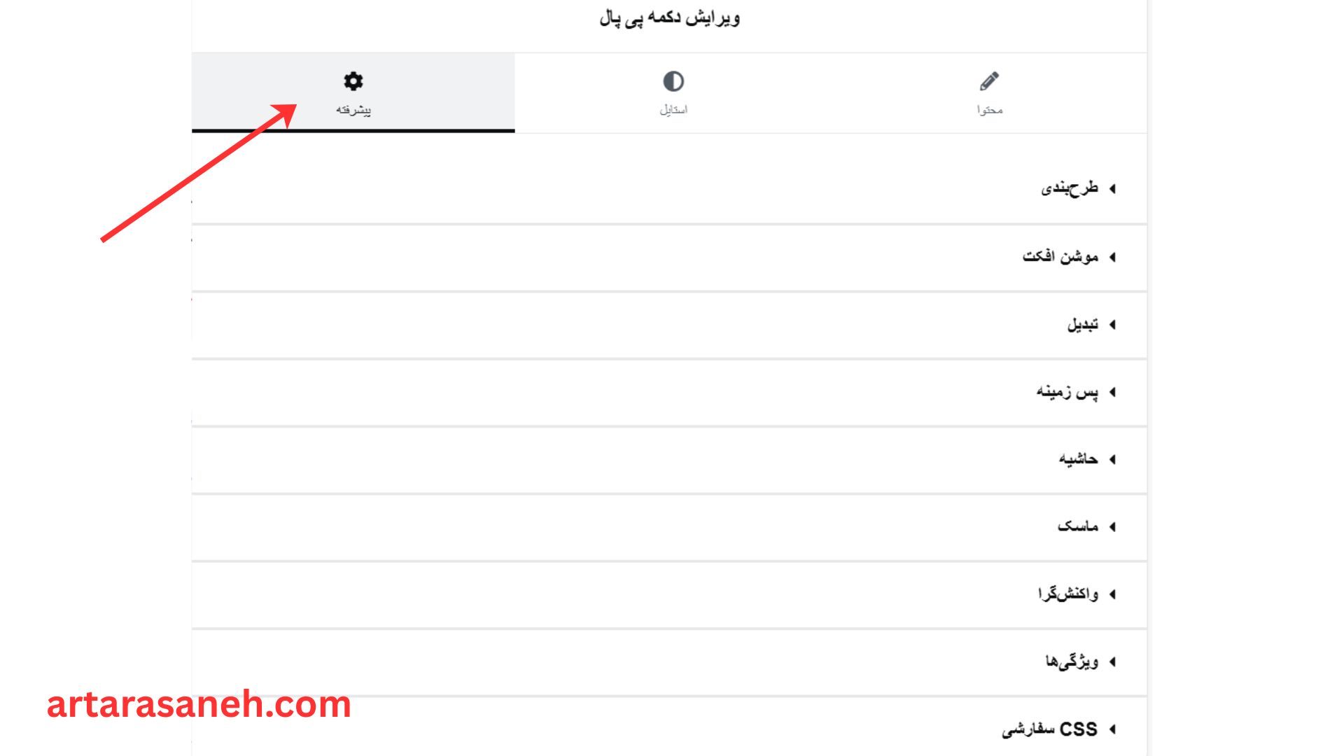 بخش پیشرفته در المان دکمه پی پال المنتور