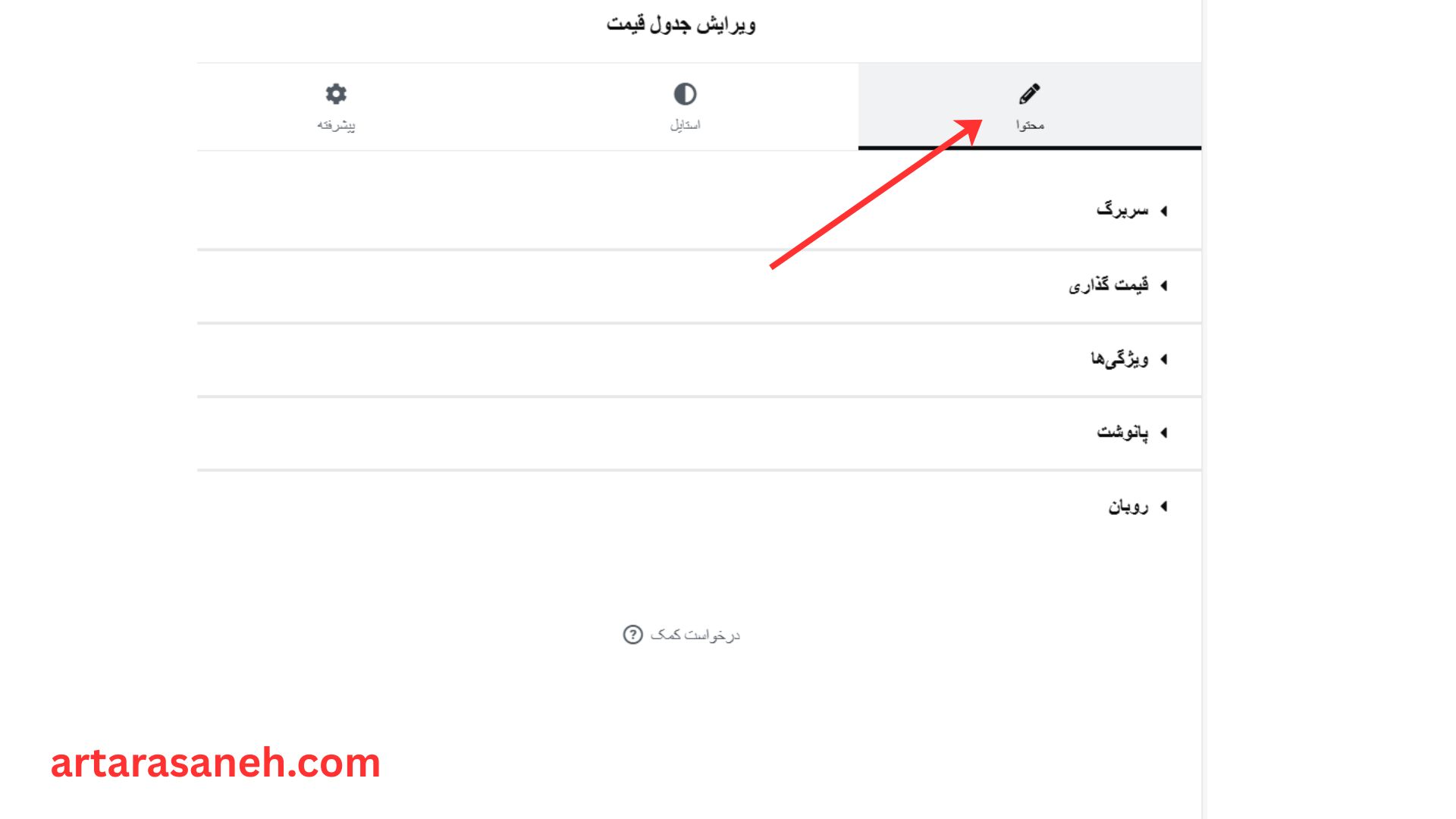 بخش محتوا در ویجت جدول قیمت المنتور